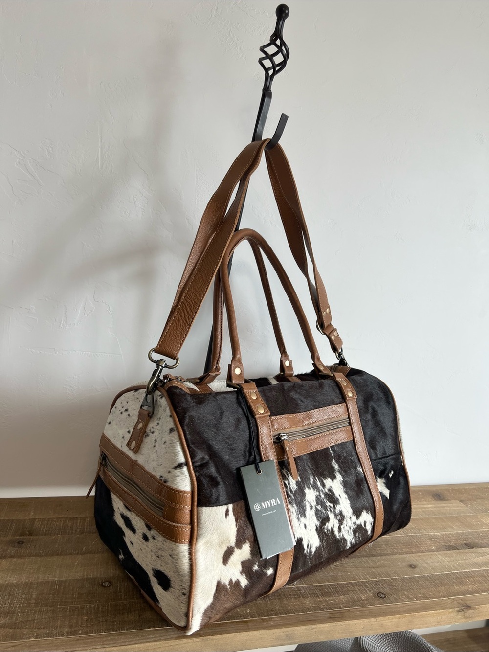 Myra Cowhide Leather Mini Weekender Duffel Bag Western Travel Gym Boho Tote